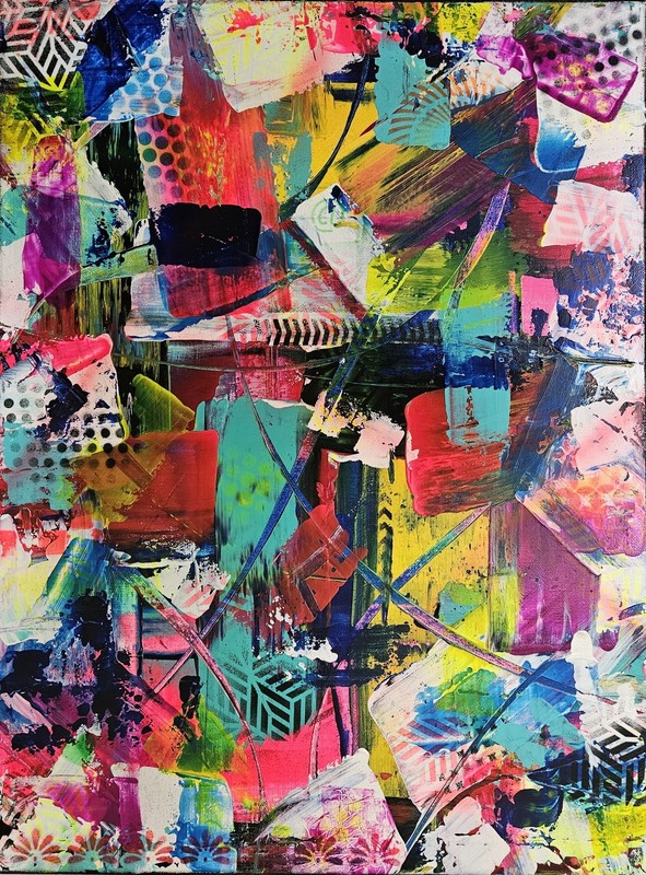 Colorful abstract original painting on gallery wrapped canvas 18″ x 24″