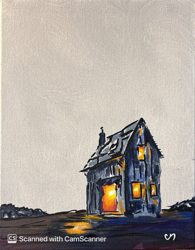 Rustic Cottage Glowing at Night Original Acrylic Painting 11×14 Signed Canvas