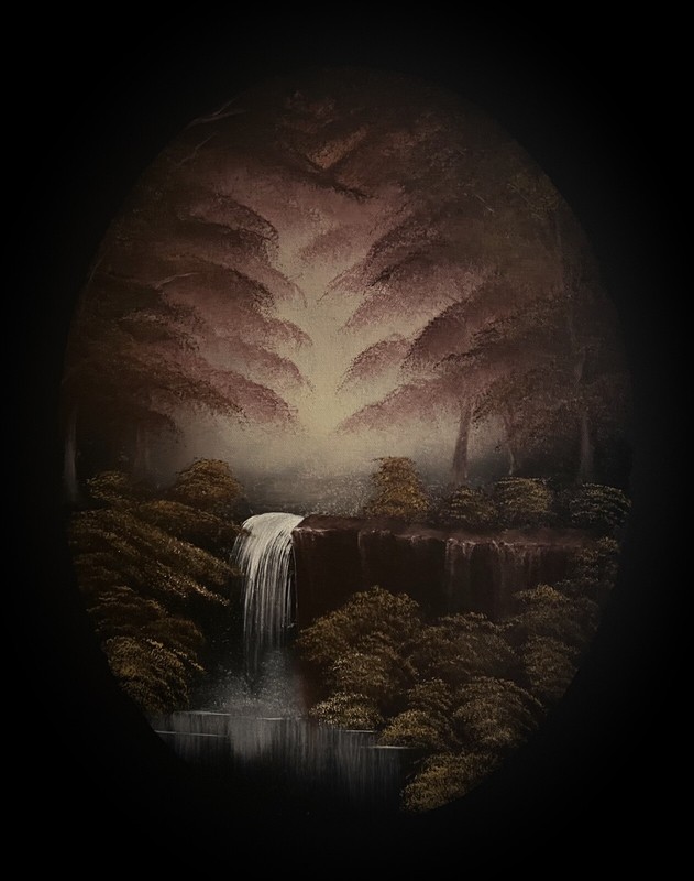 Bob Ross style Autumn Falls Oval landscape painting “Enchanted Falls Oval” 16x20 gallery