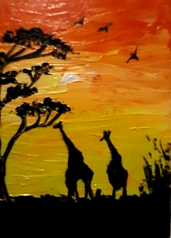 Oil painting 2.5×3.5″ACEO.Desert.Sunset.Giraffe.Tree.Modern stylish mini art