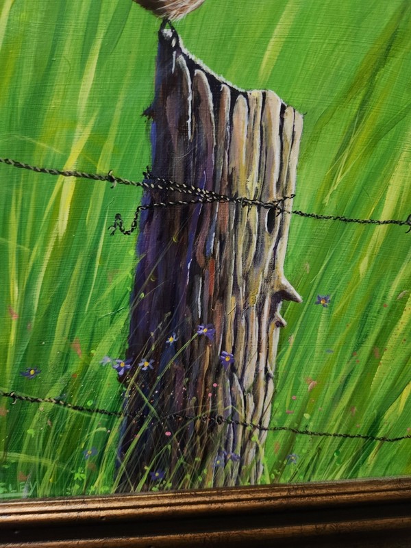 Signed Original Framed Acrylic Painting Cactus Wren On Rustic Fence Post Bird gallery