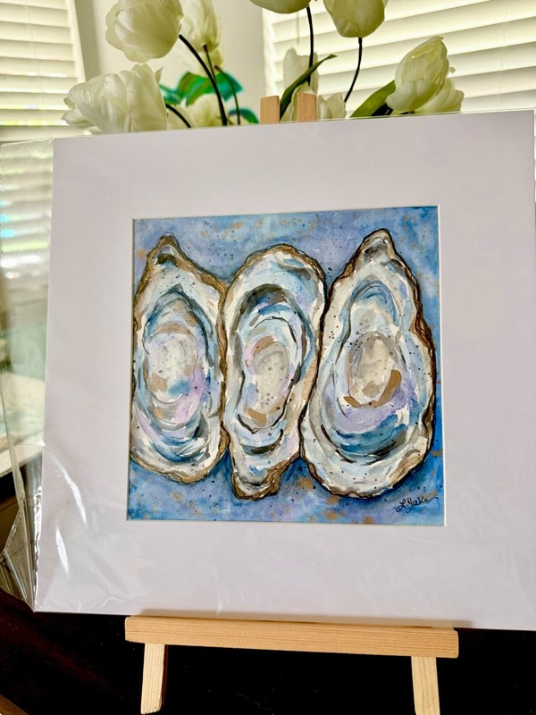 3 Oysters Coastal Beach Art Original Painting With White Mat Linda Yake 12 X 12