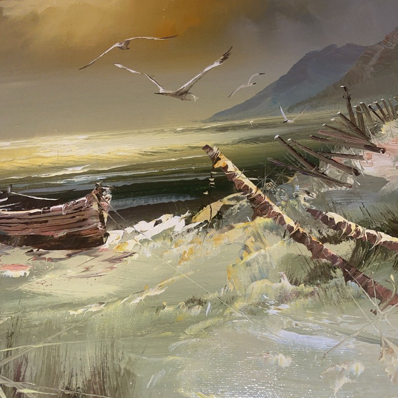 1970’s Oil Painting Seascape Beach Boat Nautical Seagulls Shore 31” X 27” Large gallery