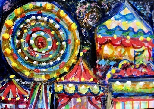 ORIGINAL ACEO Painting CARNIVAL Fair Amusement Park Fireworks Rides Fun ATC ART
