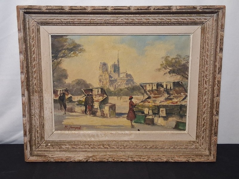 M. Janpol View Of Paris Oil Canvas Painting French Artist Signed Framed DAMAGED