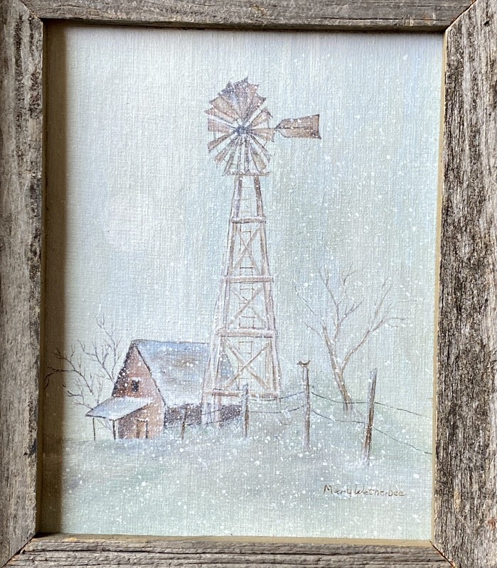 Original Mary Wetherbee Barn Windmill Farm Painting Rustic Wood Frame Signed gallery