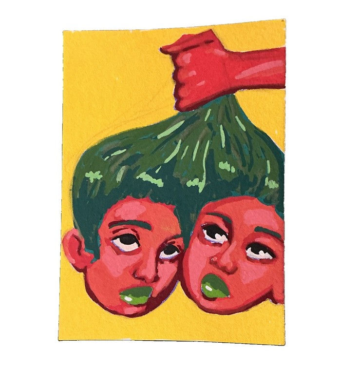 ACEO original painting red cherry girls green twins long hair fist yellow