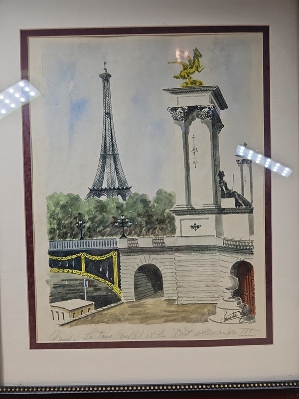 Handpainted watercolor Eiffel Tower & Ponte Alexander III Bridge Paris France gallery