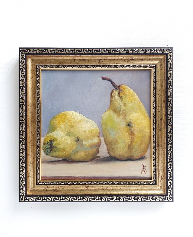 Yellow Pears Original Oil Painting Still Life Framed Vintage Kitchen Wall Art