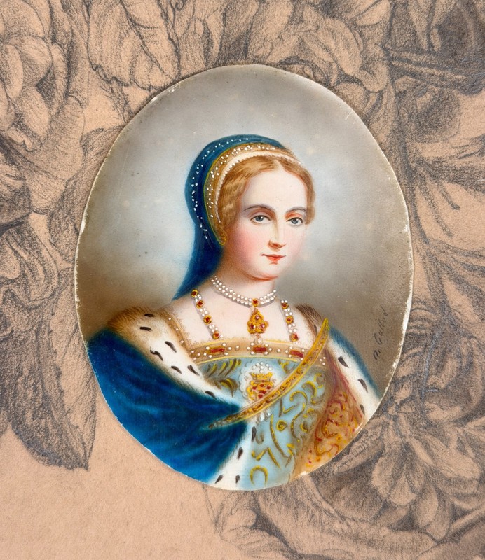 Antique Miniature Portrait Painting Lady Jane Grey Queen England 19th C. French