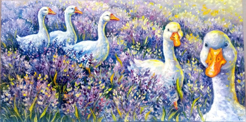 Original Oil Painting, Nature Field with Geese, Birds and Flowers, Ukraine Art