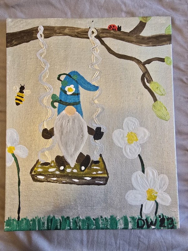 DW Gnome Swing Flowers Bee Ladybug Original Acrylic Painting on panel Signed