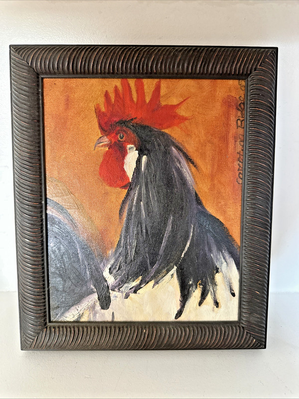 Framed Original Painting Farmhouse Art Rooster Painting 11.5×10