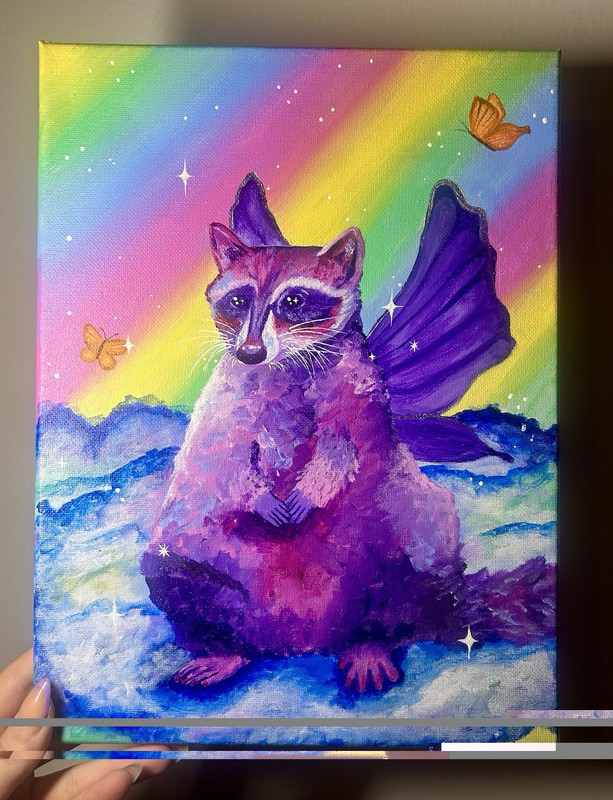 Small Unframed Fantasy Raccoon & Butterflies Canvas Painting Surrealism