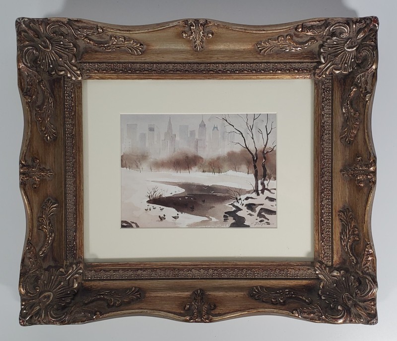 Original Erik Freyman Watercolor & Airbrush Painting NYC Central Park in Winter