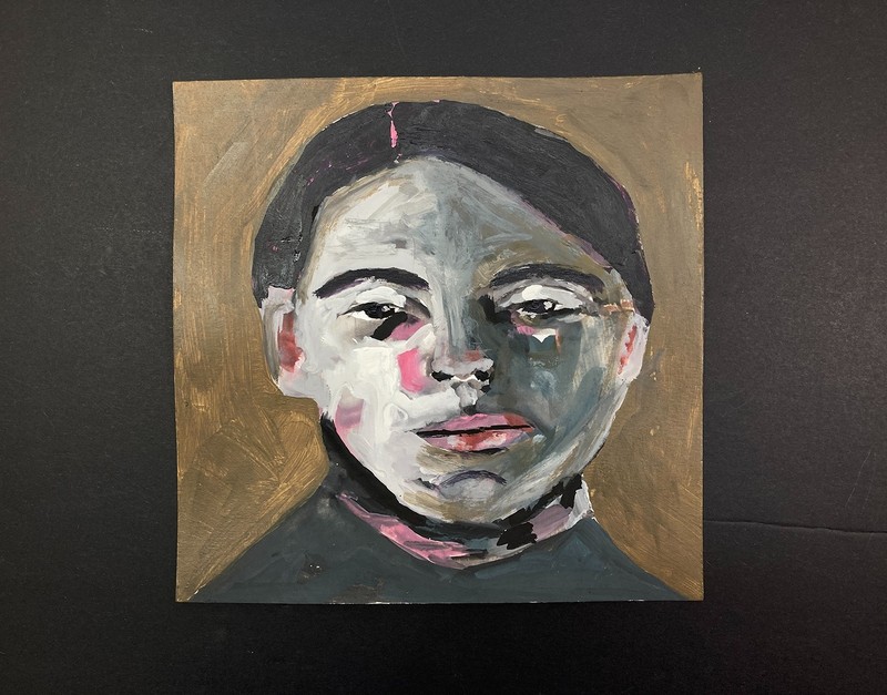 Original Abstract Male Portrait Painting 8×8 Expressive Naive Art Miz Katie