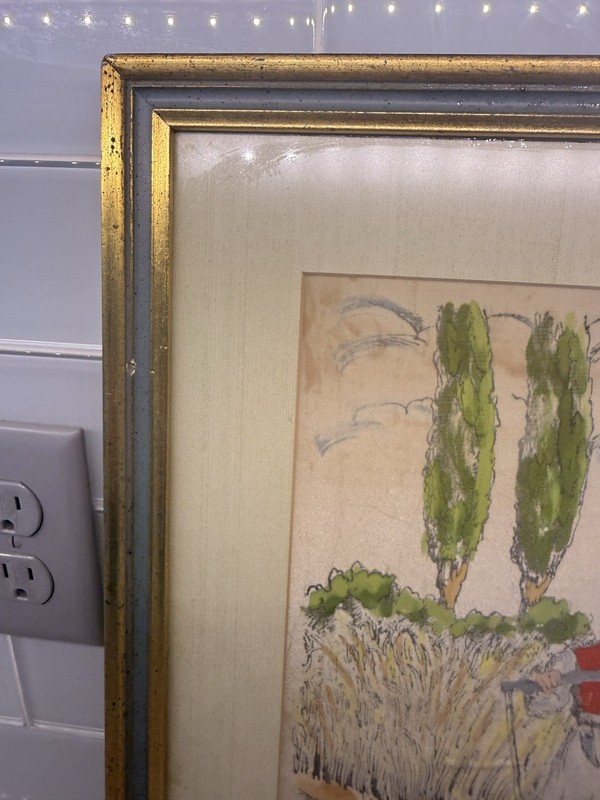 Vintage Framed Folk Art Harvest Scene Print Country Farm French Dutch Field gallery