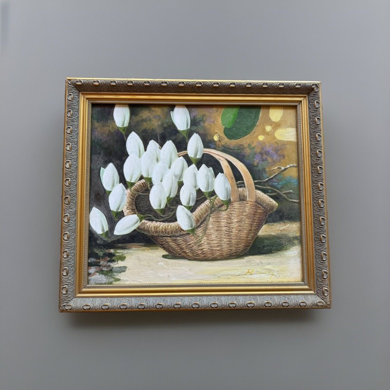 AUTHENTIC FLORAL OIL PAINTING IMPASTO White Tulips Basket SIGNED ORNATE GOLD FRM
