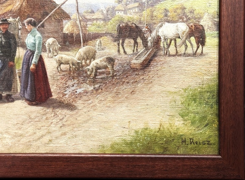 Hermann Reisz (Austrian), ANTQ Orig. Realism O/C "Begegnung vor dem Dorf" Signed gallery