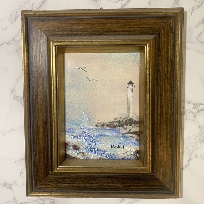Vintage Painting Enamel Copper Signed Michael Lighthouse Coast Shore Germany 12” gallery