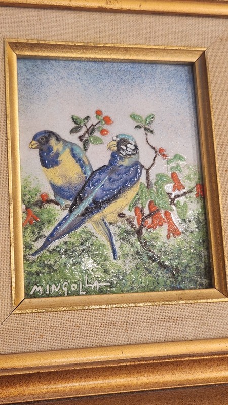 Dominic Mingolla Art Original Enamel on Copper Artwork Two Parakeets Resting
