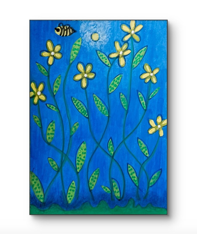 ACEO Original Yellow Flowers and Bumblebee Acrylic & Pencil by Charlene Slie