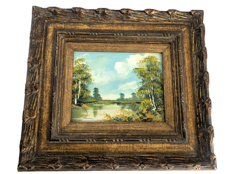 VTG Landscape Painting On Bord Post Impressionist Signed Hand Carved Frame 18×16