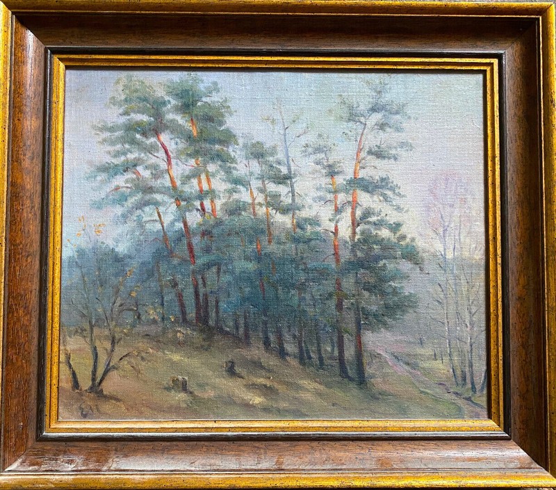 ::OIL PAINTING MONOGR.EM PINE TREE ROW AT CLEARING AND MORNING WALKING TRAIL