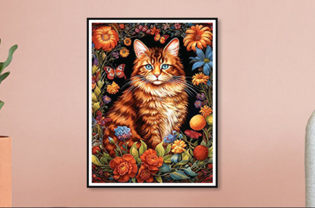 DIY Orange Cat with Flowers Diamond Painting Kit F43 (30×40 cm)