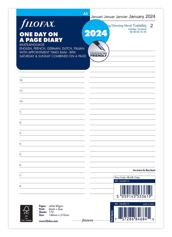 A5 Day Per Page 5 Language Appointment Planner - 2024