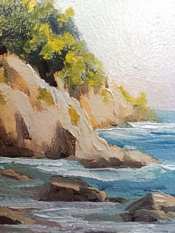 Original Miniature Seascape Oil Painting Rocky Coast Sailboats 4x4 Small Art gallery