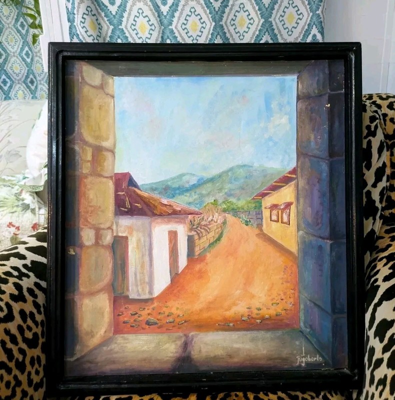 Vintage Wood Framed 22 X 25 Original European Town Landscape Oil Painting