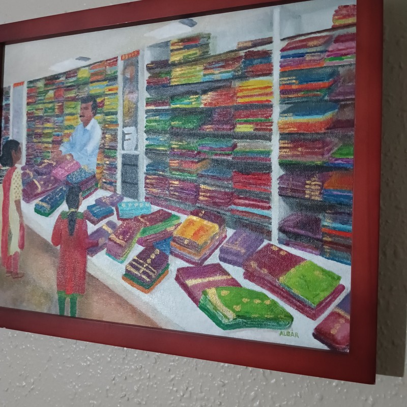 Signed Mark Algar,Rich Bold Multi Color Art. School Supply Shop India Wt People. gallery