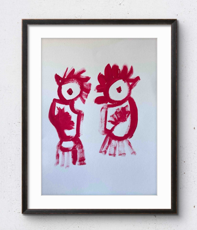 Original Acrylic Painting Aztec Red Chickens Abstract 11×14 Loose Paper Signed