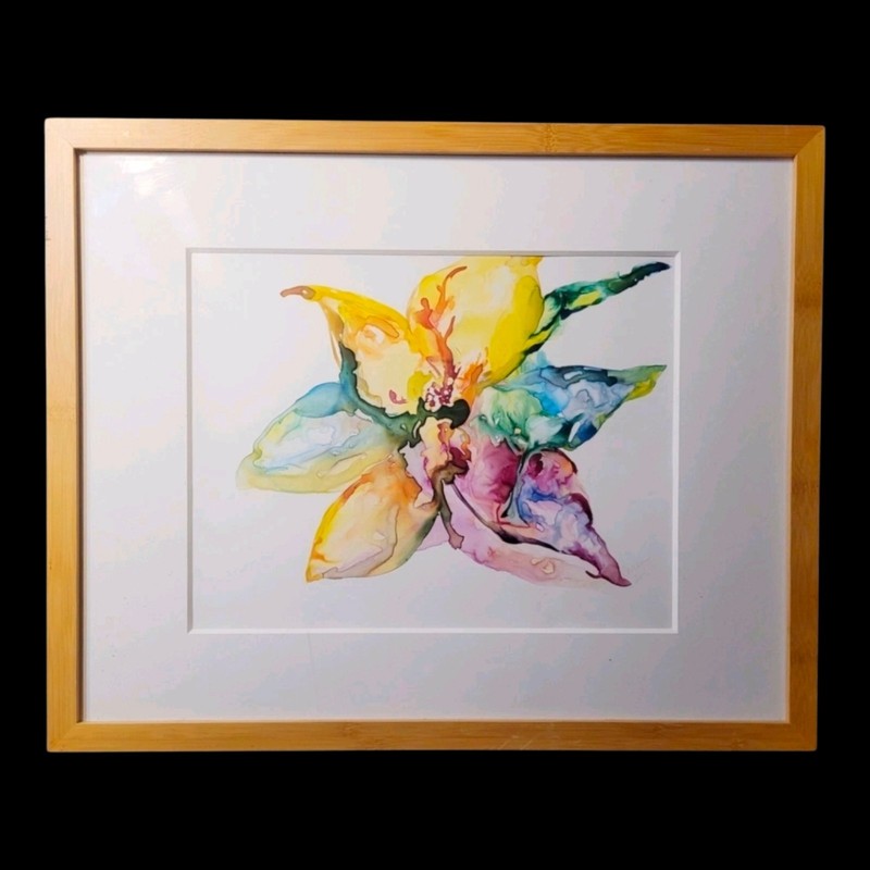 Original Watercolor Painting Abstract Flower Orchid Lilly Signed Framed Art