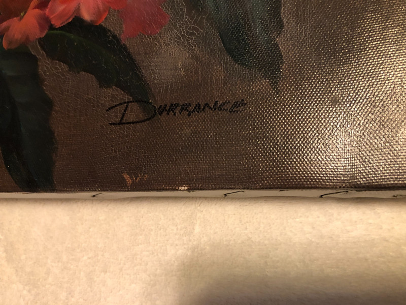 Vintage oil on canvas floral oil painting signed Durrance 24 in. x 36 in. gallery