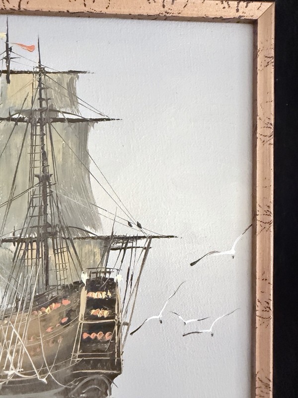 Oil Painting Signed Garcia With Ship Wood Frame 17 1/2 X 16 1/2 gallery