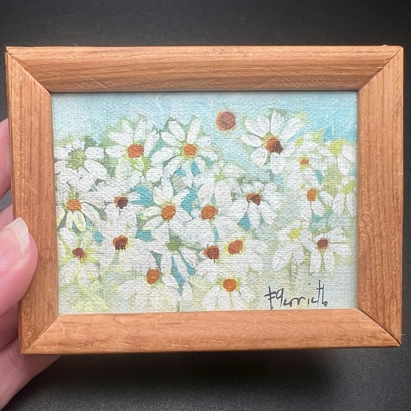 VTG Original Oil Painting Small Mini Frame Signed Gallery Wall Daisies Farmhouse