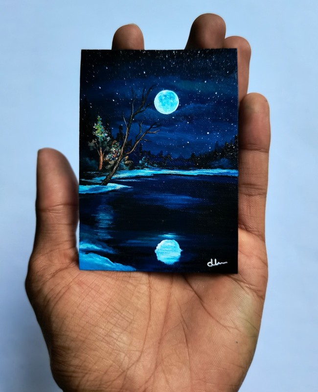 "Lakeside Peace" ACEO Original Acrylic Painting Vintage Moonlight Art Signed ATC gallery
