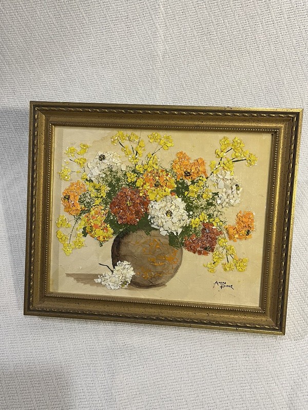 Original Ann Pine signed painting of flowers made from eggshells