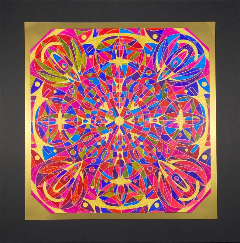 Original Watercolor Painting Mandala Abstract Gold Ink Framed 16×16 Larger Life