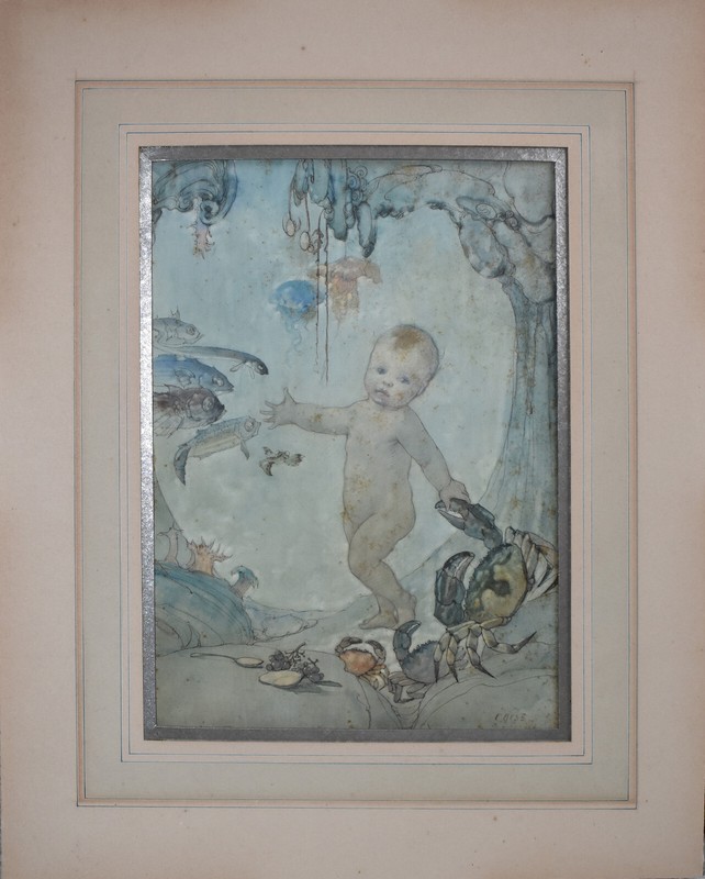 A. DUNCAN CARSE-British Illustrator-Original Signed Ink & WC-Baby & Marine Life gallery