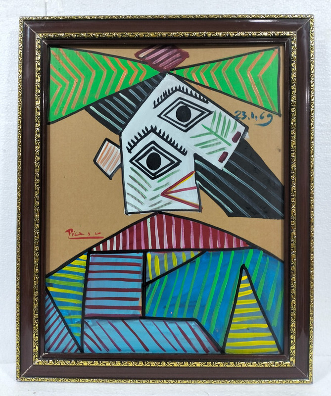 PABLO PICASSO OIL ON CORRUGATED CARDBOARD Buste d’femme WITH FRAME VERY NICE