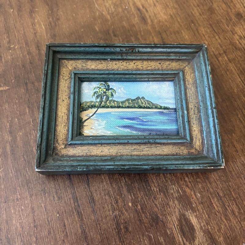 Original Signed Miniature Seascape Oil Painting Framed Beach Ocean Scene 3.5×4