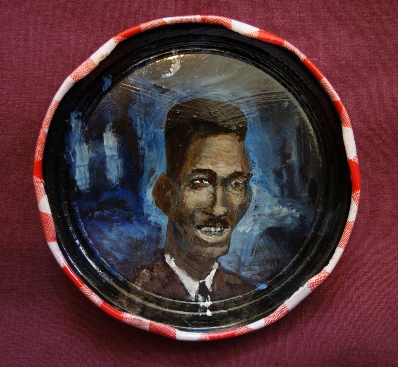 TOMMY JOHNSON, Blues Guitar Jam Jar Lid Portrait, Outsider Folk Art by PETER ORR