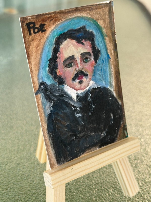 Aceo OOAK «POE» by Vicki Perez portrait with crow Oil Painting