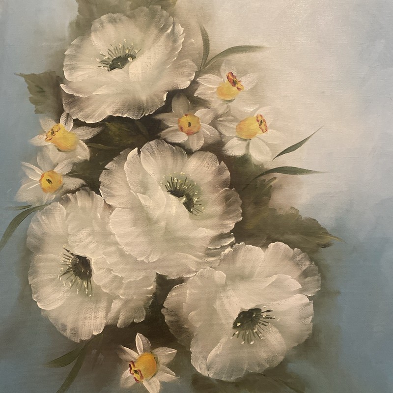 Vintage Oil Painting Floral White Peonies Flowers 20” X 16” Toshiko Free Ship! gallery