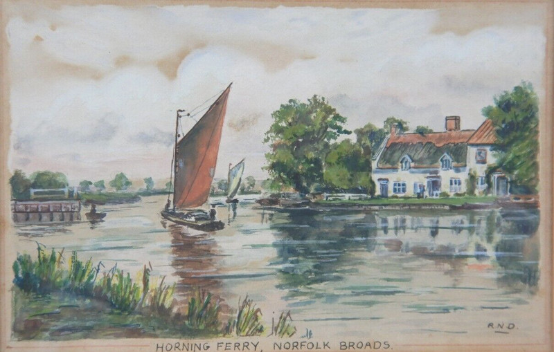 ENGLISH WATERCOLOUR BY R N DUFFIELD HORNING FERRY NORFOLK BROADS 1937 P219
