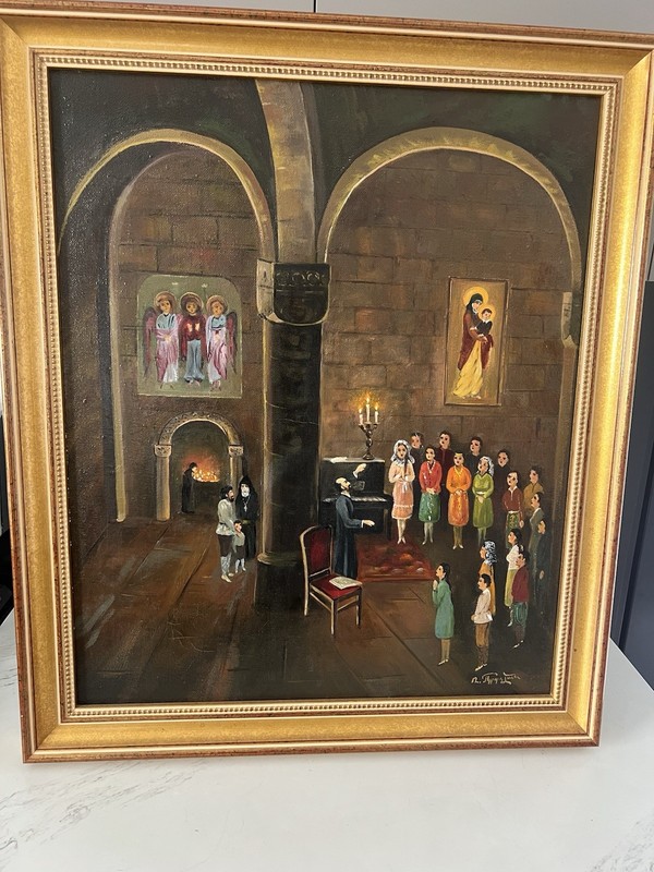 Orgl Oil Painting “KOMITAS in Church” canvas 2003 Armenian Artist Frame 23*27”