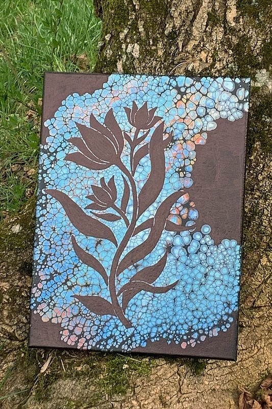 12” x 16” Bird Song Pearl Pour Painting Floral Theme Blues on Black Canvas OOAK gallery